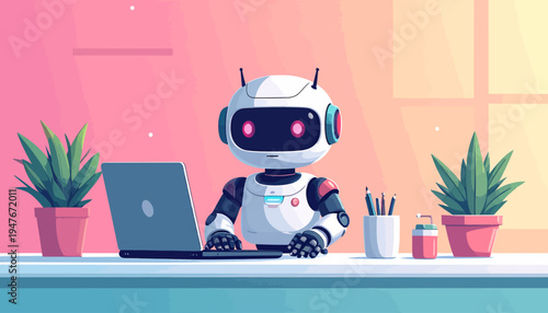A friendly cartoon robot with glowing eyes sitting at a desk, working on a laptop, flanked by potted plants in a warm, gradient-colored office setting.