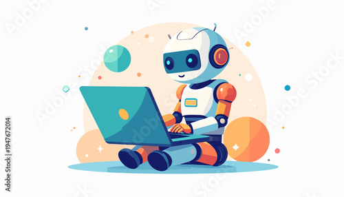 A friendly cartoon robot with blue, white, and orange colors, sitting on the ground and happily typing on a blue laptop, surrounded by colorful abstract spheres.
