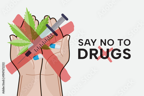 Anti-drug Concept Vector Illustration with Hands Holding Drugs and Red Cross Mark