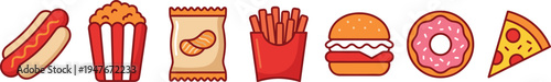 Fast Food Icon Set Featuring Hot Dog Popcorn Potato Chips French Fries Burger Pink Donut and Pizza Slice for Restaurant Menu Design