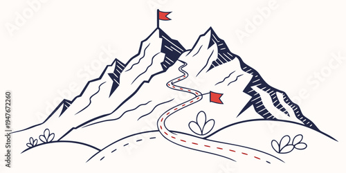 A mountain with a flag on top and a winding path Vector
