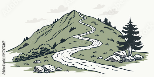 A mountain with a winding road and trees Vector