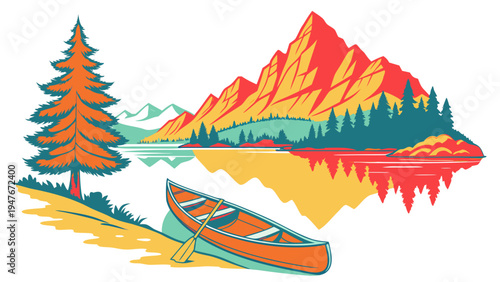 A canoe on a lake with a mountain and tree Vector