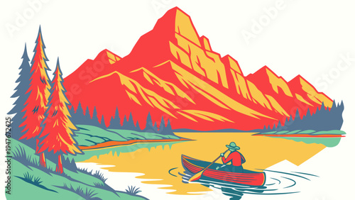 Man in a canoe on a lake with a mountain range Vector