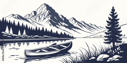 A serene lake scene with a canoe and majestic mountain Vector