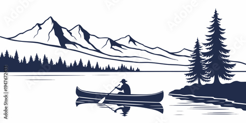 Man in a canoe on a serene lake with mountains Vector