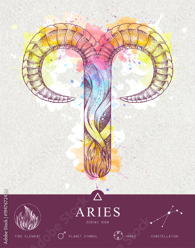 Modern magic witchcraft card with astrology Aries zodiac sign characteristic. Hand drawing art product. Vector illustration