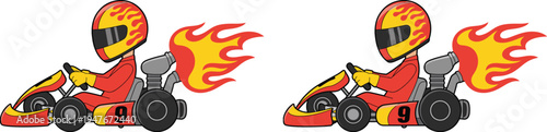 Go kart racing illustration with driver, flame helmet, red yellow vehicle, speed motion design, competitive sport artwork, dynamic fast car symbol