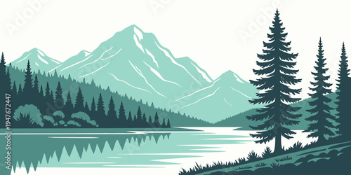 A serene lake scene with mountains and trees Vector