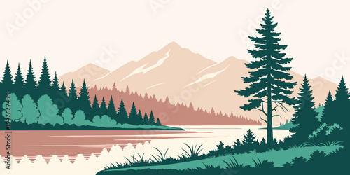 A serene landscape with a lake and mountains Vector