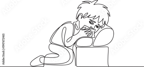 Sick boy sitting in sofa with a tissue in mouth and feel so bad with fever. one line art icon drawing vector