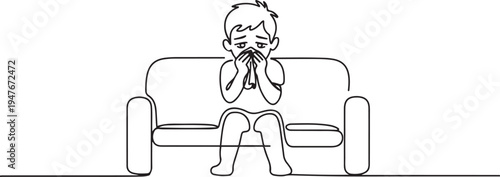 Sick boy sitting in sofa with a tissue in mouth and feel so bad with fever. one line art icon drawing vector