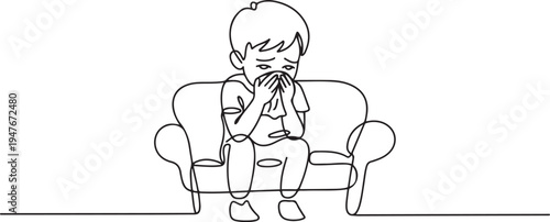 Sick boy sitting in sofa with a tissue in mouth and feel so bad with fever. one line art icon drawing vector