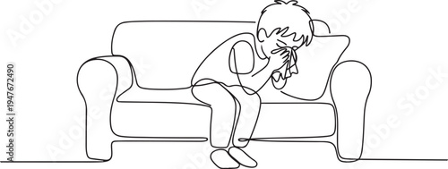 Sick boy sitting in sofa with a tissue in mouth and feel so bad with fever. one line art icon drawing vector