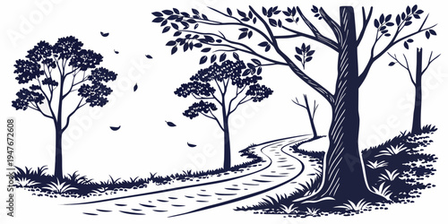 A scenic landscape with a winding road and trees Vector