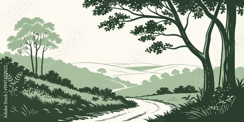 A serene landscape with a winding river and trees Vector