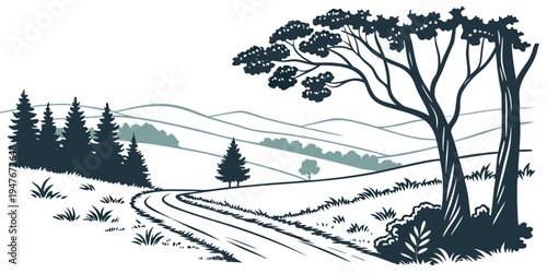 A black and white illustration of a tree on a hill Vector