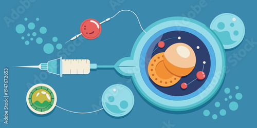 Sperm injection fertilizing human egg cell, in vitro fertilization procedure concept, reproductive medicine breakthrough, embryology science macro view, assisted pregnancy technology, infertility
