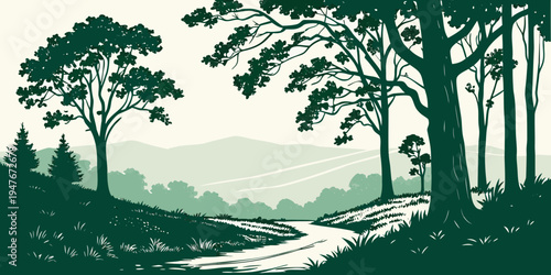 A serene forest landscape with a winding road Vector
