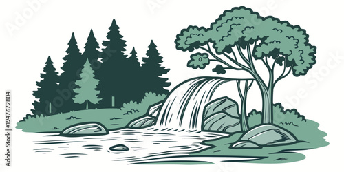 A waterfall flowing into a serene lake surrounded by trees Vector