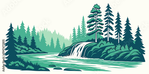 A serene forest landscape with a small waterfall Vector