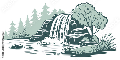 A waterfall cascading down a rocky slope surrounded by trees Vector