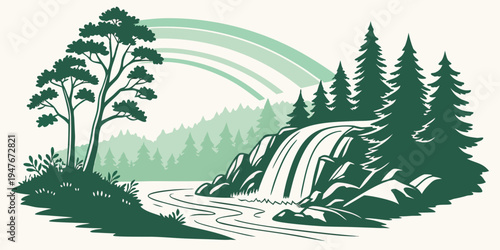 A scenic landscape with a waterfall and trees Vector