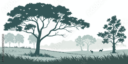 A serene landscape with trees and a field Vector