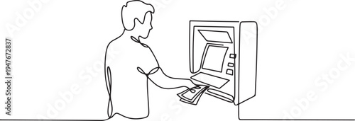 man taking money from the ATM. one line art icon drawing vector