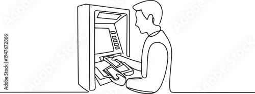 man taking money from the ATM. one line art icon drawing vector