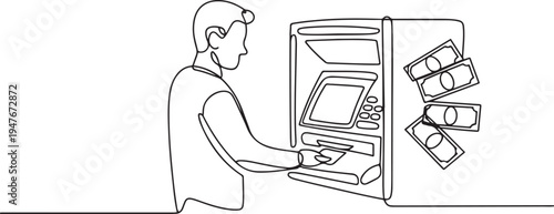 man taking money from the ATM. one line art icon drawing vector