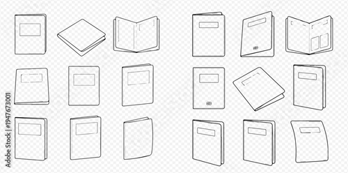 Set of blank book covers in various positions, hand-drawn vector illustrations for design mockups and templates.