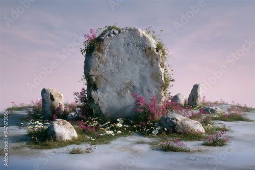 Wallpaper Mural Blank stone monolith mockup with wildflowers in meadow landscape, natural rock surface background for typography logo branding design, mystical ancient monument aesthetic Torontodigital.ca