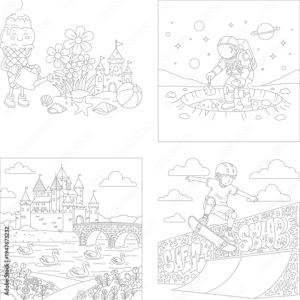 Obraz premium Fun kids outline collection: beach ice cream, astronaut moon dig, castle lake, and skater boy coloring pages, sand castle