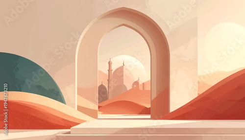 Desert Gateway A Serene Architectural Vista with Distant Islamic Architecture and Warm Sand Dunes