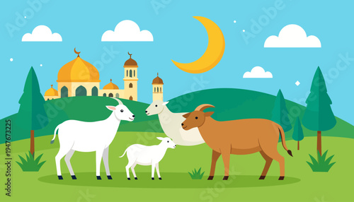 Vibrant Eid al-Adha celebration scene with sacrificial livestock, including a cow and goats, set against a majestic mosque under a beautiful crescent moon and a serene sky, perfect for Islamic holiday