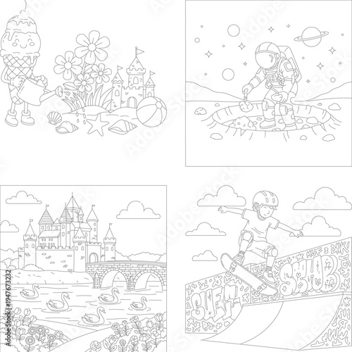 Fun kids outline collection: beach ice cream, astronaut moon dig, castle lake, and skater boy coloring pages, sand castle
