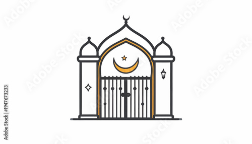 A simple line art illustration of a mosque entrance with a crescent moon and star symbol.