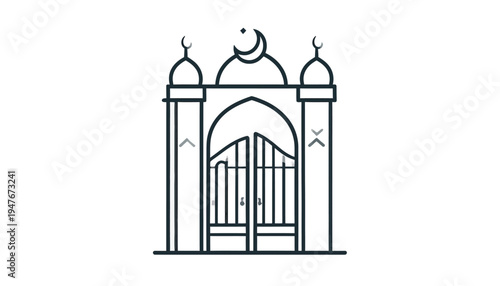 Line art illustration of a mosque entrance gate with crescent moon and star symbols, representing Islamic architecture and culture.