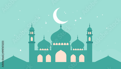 A serene illustration of a mosque with domes and minarets under a crescent moon and stars in a teal night sky.