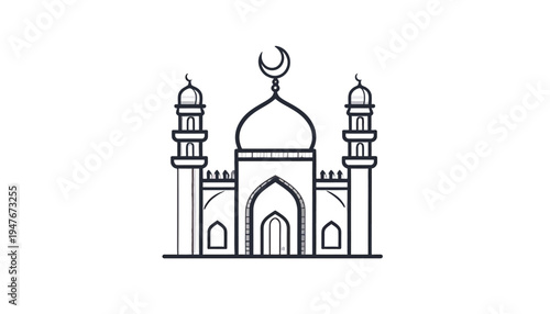 A line art drawing of a mosque with a dome, two minarets, and a crescent moon on top, depicted in a simple outline style.