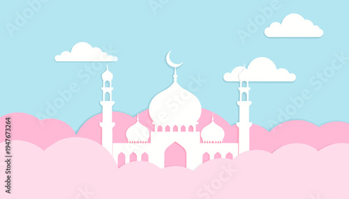A pastel paper-cut style illustration of a white mosque with a crescent moon, set against a light blue sky with white clouds and pink foreground elements.