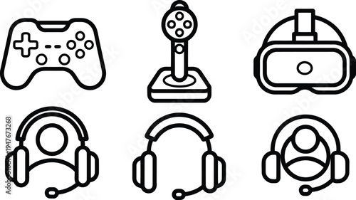 Set of 6 gaming icons vector, gaming controller, headset, VR