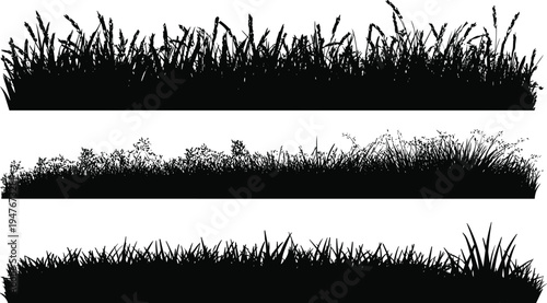 Black grass silhouette borders and wild meadow plant edges set featuring vector illustrations of field greenery lawn shrubs garden turf and botanical nature elements.
