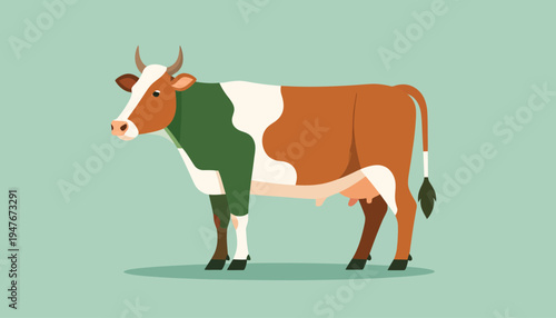 A cartoon illustration of a brown and white cow with a green patch on its shoulder, standing against a light green background.