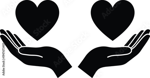 Hands holding heart silhouette isolated on white background, love care support concept, charity donation symbol, kindness and compassion icon illustration