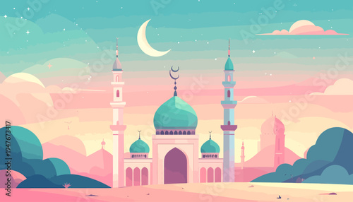 A pastel-colored illustration of a mosque with a crescent moon in a serene sky, depicting Islamic architecture and spirituality.