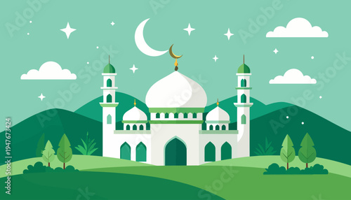 A beautiful flat illustration of a mosque with a crescent moon and stars in a serene green landscape with hills and trees, symbolizing Islamic culture and celebration.