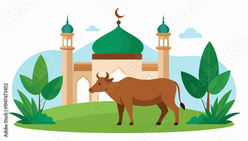 Festive illustration depicting a majestic cow in front of a beautiful mosque, symbolizing the joyous Islamic celebration of sacrifice and community spirit during a holy day