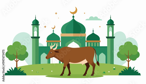A flat illustration of a brown cow in a green field with a mosque and crescent moon in the background, symbolizing Eid al-Adha.